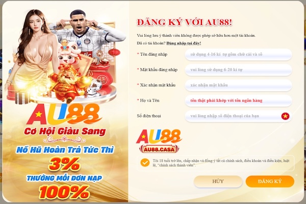 Hướng dẫn các bước tạo tài khoản game AU88